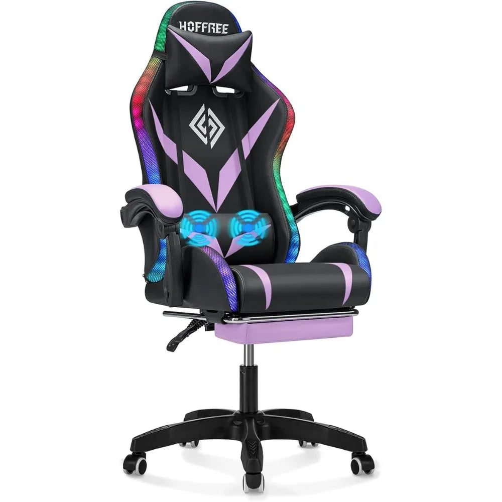 Gaming Chair with Massage, LED RGB Lights & Footrest - High Back Chair