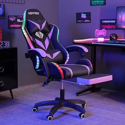 Gaming Chair with Massage, LED RGB Lights & Footrest - High Back Chair