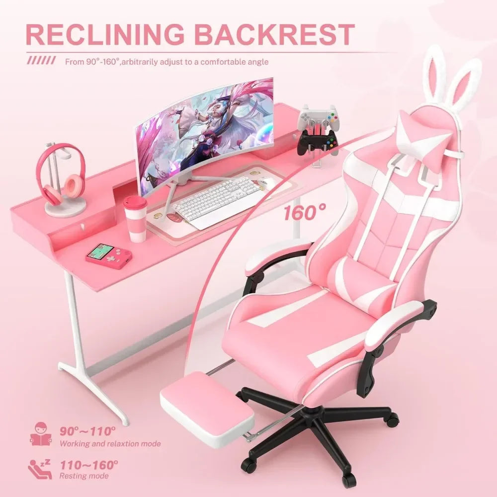 Pink Gaming Chair with Footrest, Computer Armchair for Desk & Office