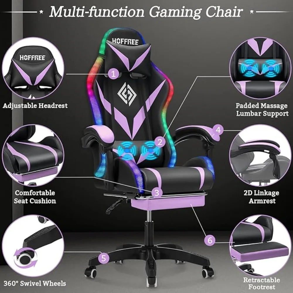 Gaming Chair with Massage, LED RGB Lights & Footrest - High Back Chair